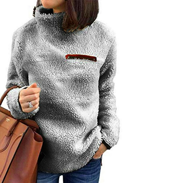 Women Solid Zippers Turtleneck Blouse Fleece Sweatshirt Pullover Tops Shirt